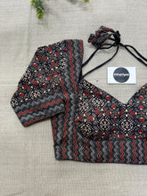 Wine Handloom Khadi Cotton Saree With Ajrakh Print Stitched Blouse